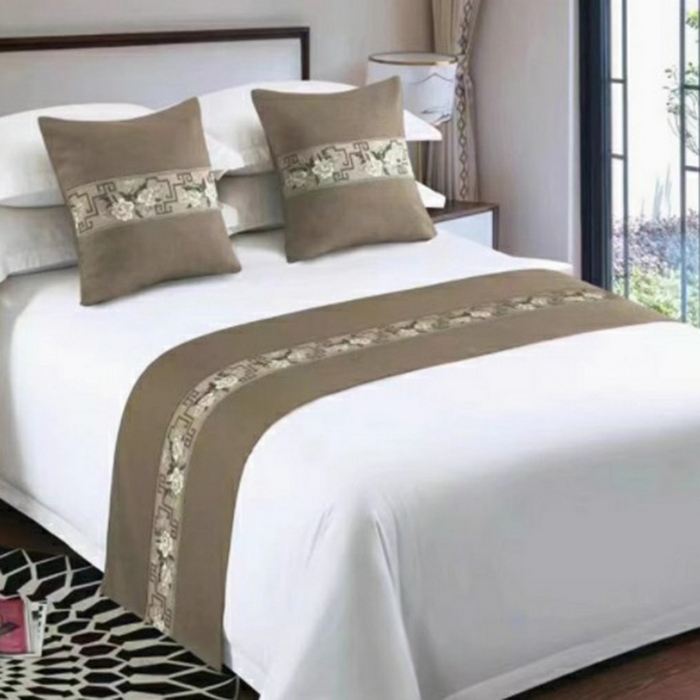 澜昕 酒店民宿床尾巾床旗轻奢抱枕套床盖 鸟语花香咖色