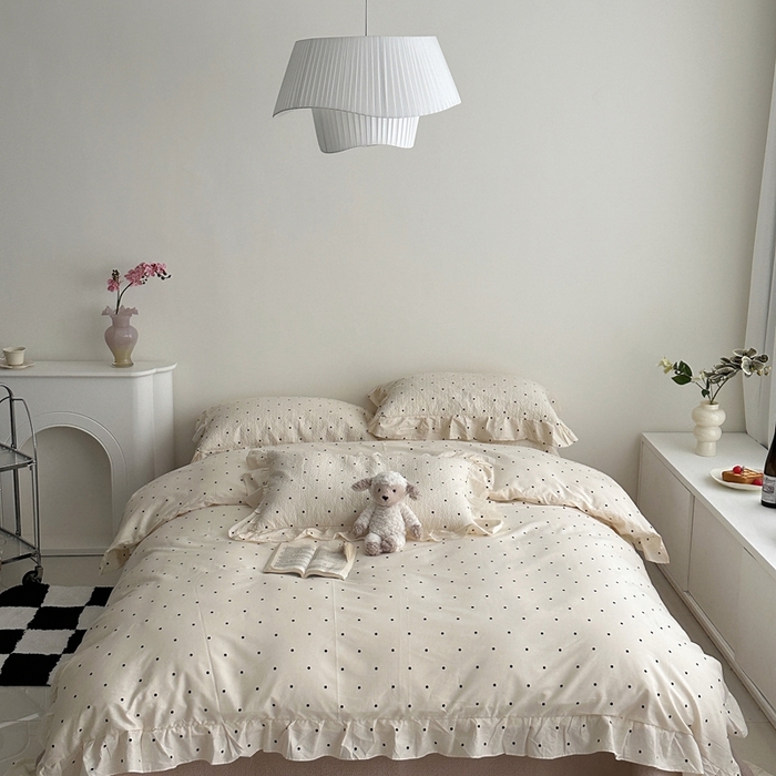 91家纺网 家纺一手货源 找家纺 佰织鑫家居 2025新款全棉纯棉砂洗棉花床盖三件套 浪漫波点