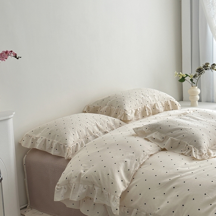 91家纺网 家纺一手货源 找家纺 佰织鑫家居 2025新款全棉纯棉砂洗棉花床盖三件套 浪漫波点