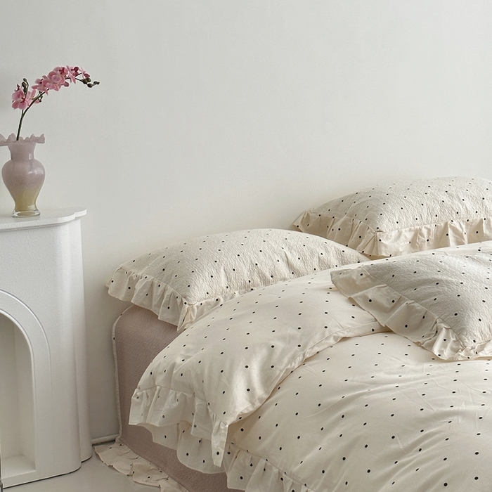 91家纺网 家纺一手货源 找家纺 佰织鑫家居 2025新款全棉纯棉砂洗棉花床盖三件套 浪漫波点