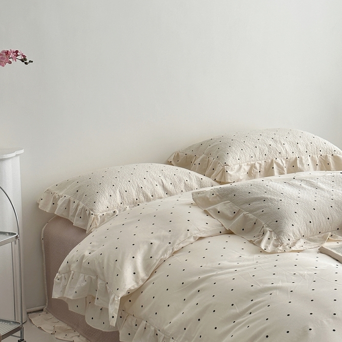 91家纺网 家纺一手货源 找家纺 佰织鑫家居 2025新款全棉纯棉砂洗棉花床盖三件套 浪漫波点