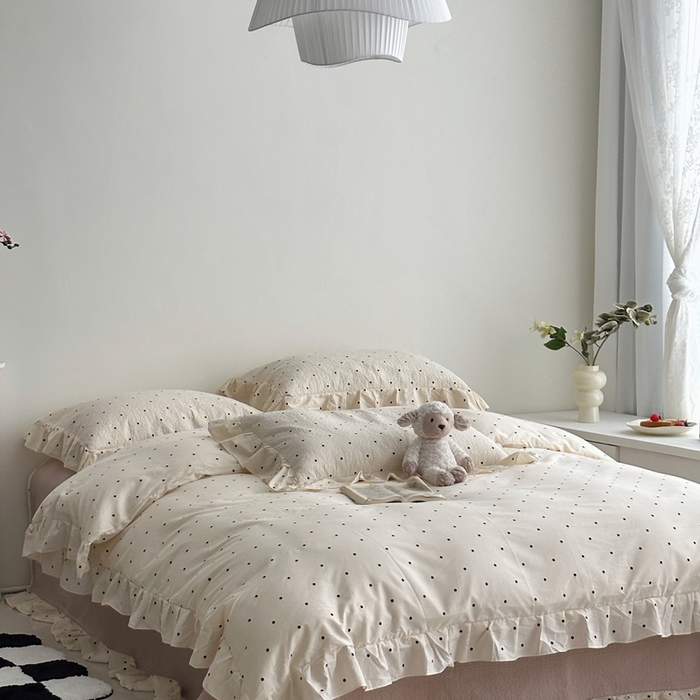 91家纺网 家纺一手货源 找家纺 佰织鑫家居 2025新款全棉纯棉砂洗棉花床盖三件套 浪漫波点