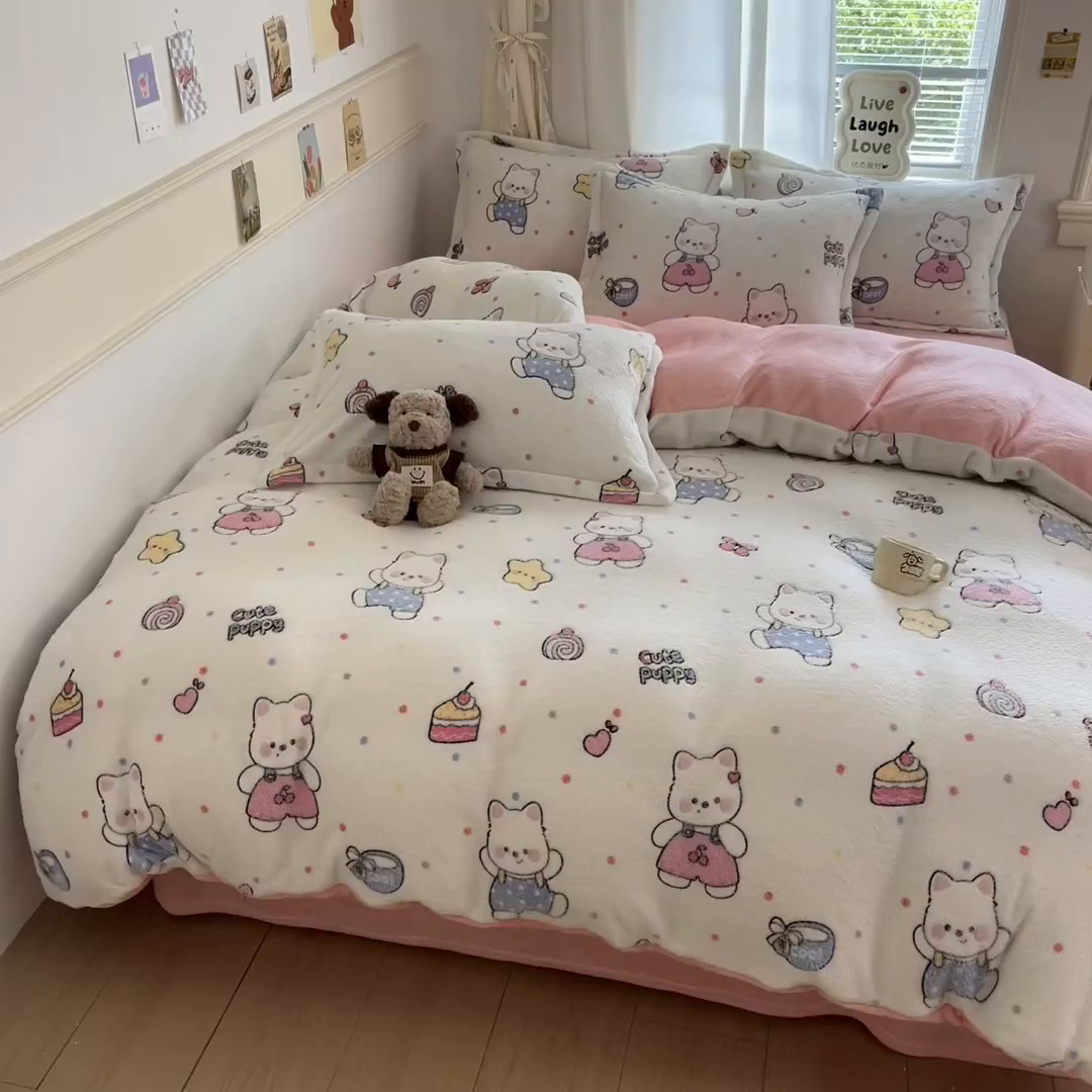 91家纺网 家纺一手货源 找家纺 川悦生活2025新款立体雪花绒印花大床四件套系列二场景二 派对西高地