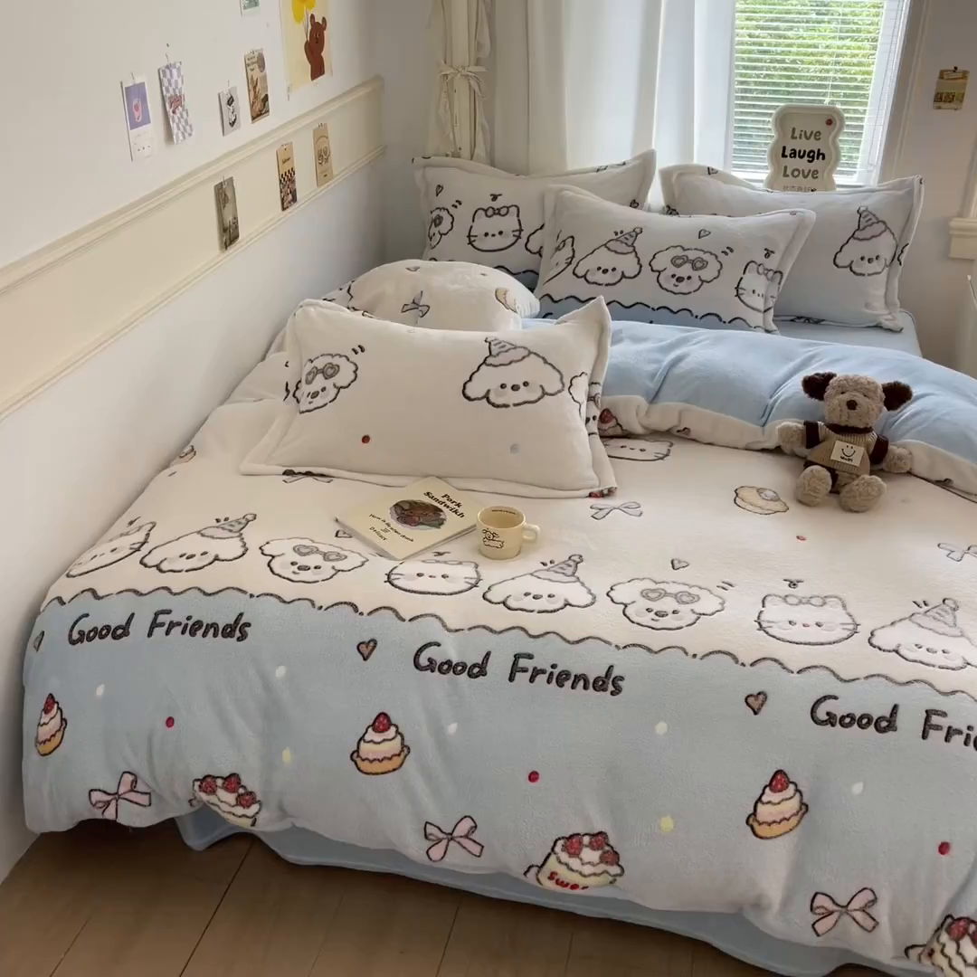 91家纺网 家纺一手货源 找家纺 川悦生活2025新款立体雪花绒印花大床四件套系列二场景二 快乐派对