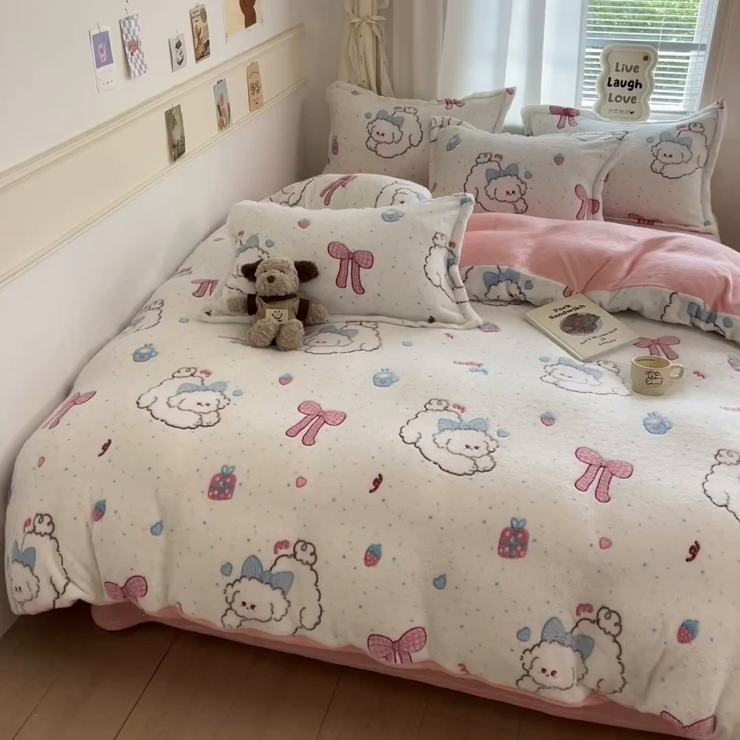 91家纺网 家纺一手货源 找家纺 川悦生活2025新款立体雪花绒印花大床四件套系列二场景二 幸福奶旺