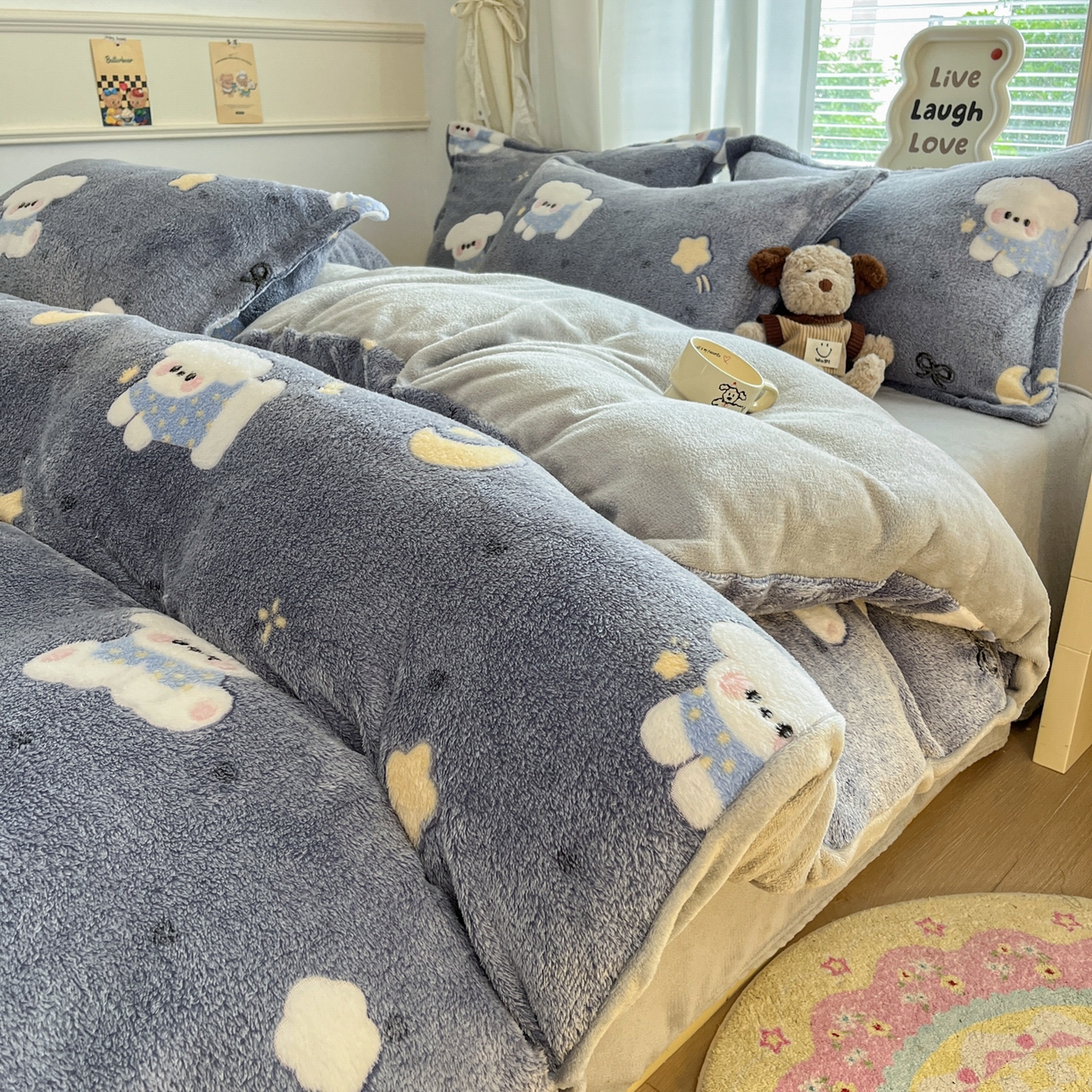川悦生活2025新款立体雪花绒印花大床四件套系列二场景二 星月小狗-灰