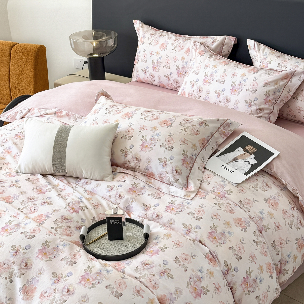 91家纺网 家纺一手货源 找家纺 清雅福2025新款A类全棉磨毛数码印花四件套 花屿间·粉