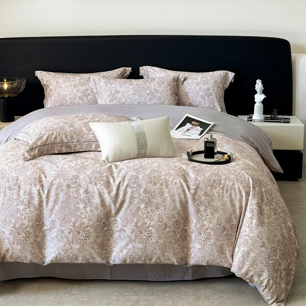 91家纺网 家纺一手货源 找家纺 清雅福2025新款A类全棉磨毛数码印花四件套 莉娅·灰