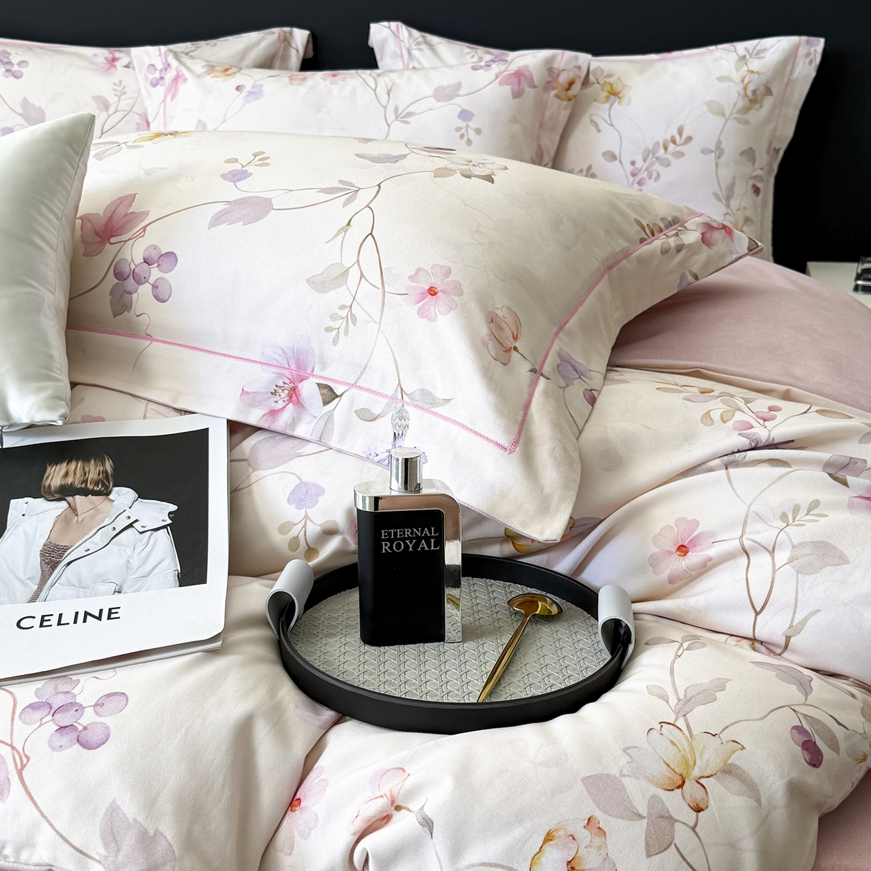 91家纺网 家纺一手货源 找家纺 清雅福2025新款A类全棉磨毛数码印花四件套 美兮浅香·粉