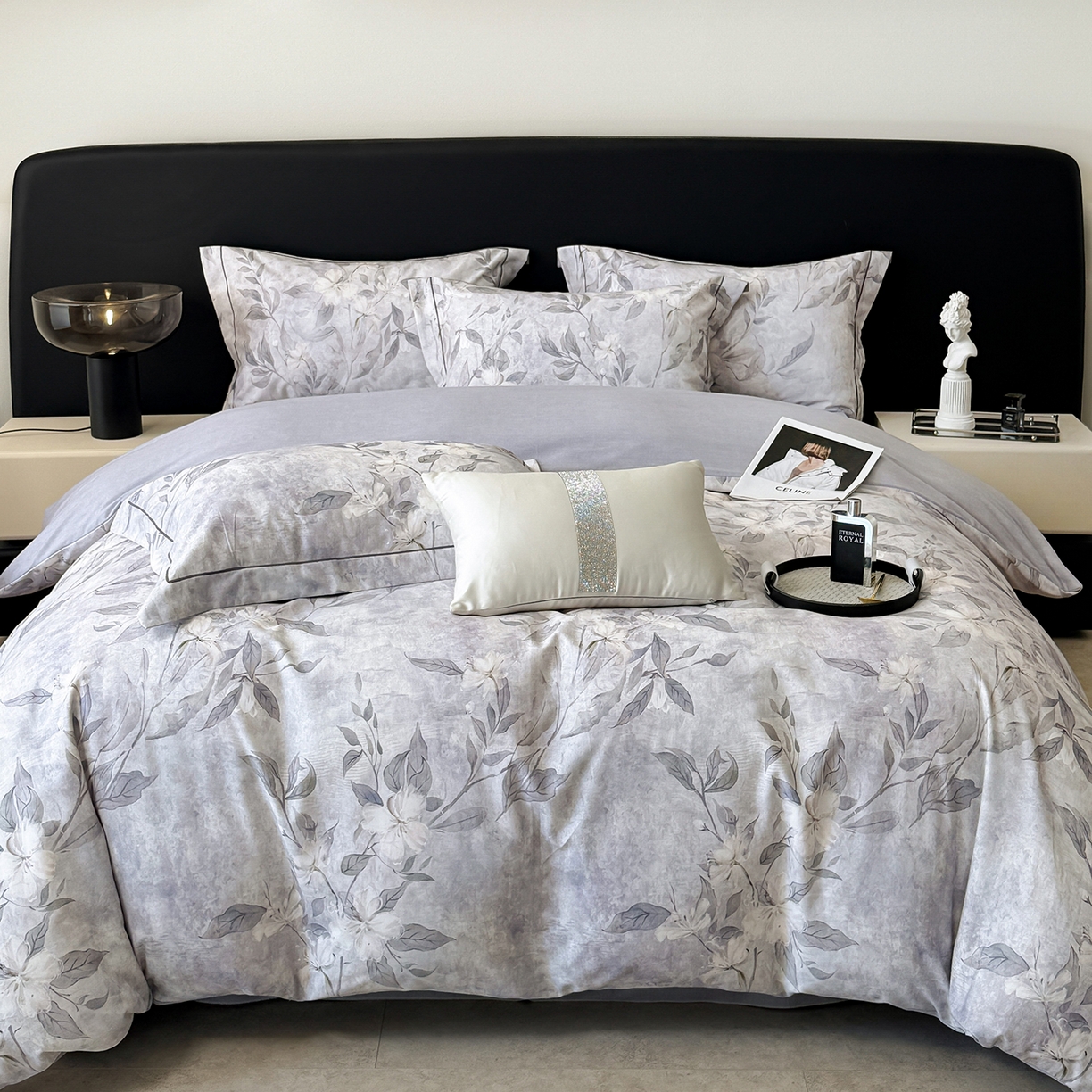 91家纺网 家纺一手货源 找家纺 清雅福2025新款A类全棉磨毛数码印花四件套 琼枝·灰