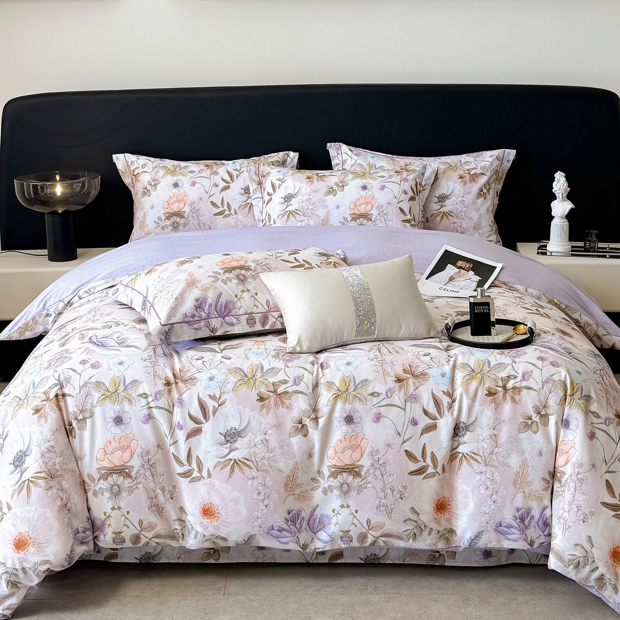 91家纺网 家纺一手货源 找家纺 清雅福2025新款A类全棉磨毛数码印花四件套 热恋花季·灰