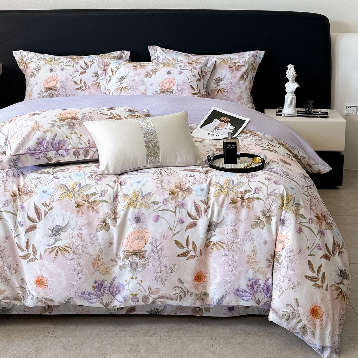 91家纺网 家纺一手货源 找家纺 清雅福2025新款A类全棉磨毛数码印花四件套 热恋花季·灰