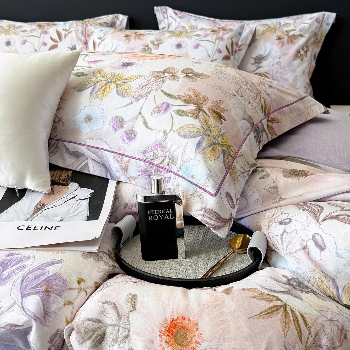 91家纺网 家纺一手货源 找家纺 清雅福2025新款A类全棉磨毛数码印花四件套 热恋花季·灰