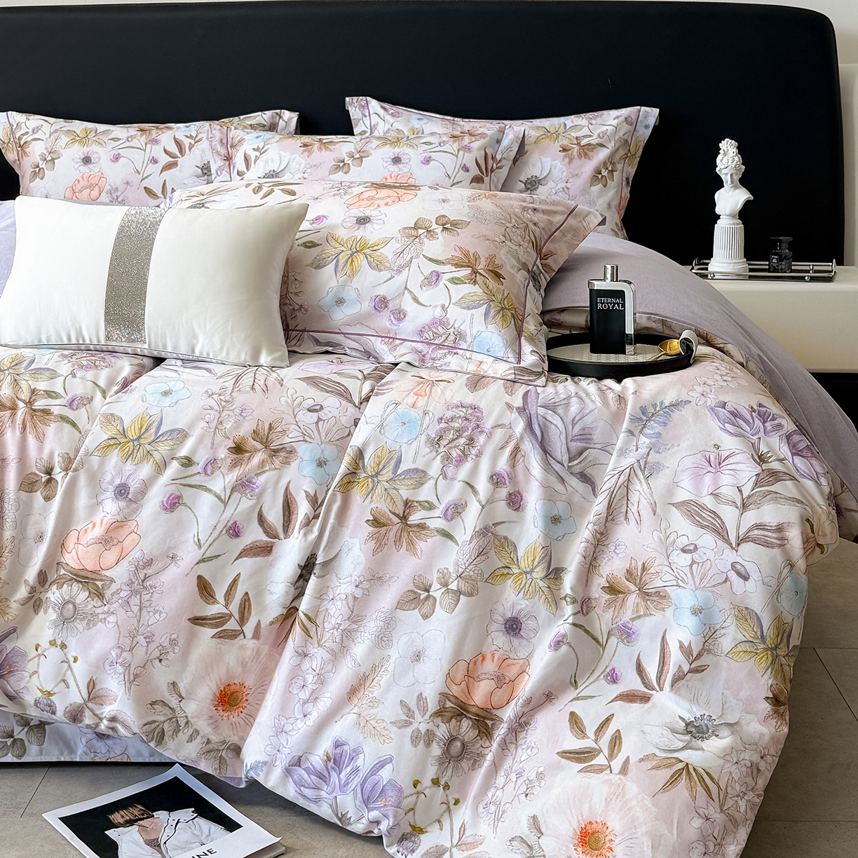 91家纺网 家纺一手货源 找家纺 清雅福2025新款A类全棉磨毛数码印花四件套 热恋花季·灰