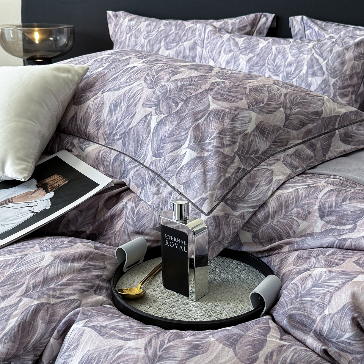 91家纺网 家纺一手货源 找家纺 清雅福2025新款A类全棉磨毛数码印花四件套 如伊·灰