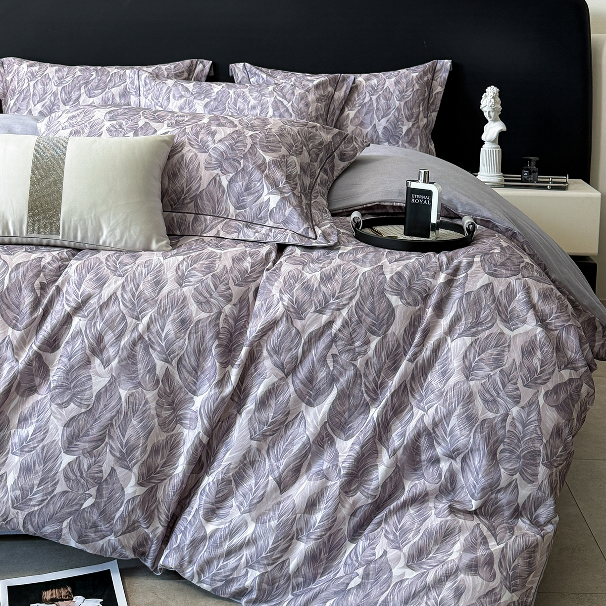 91家纺网 家纺一手货源 找家纺 清雅福2025新款A类全棉磨毛数码印花四件套 如伊·灰