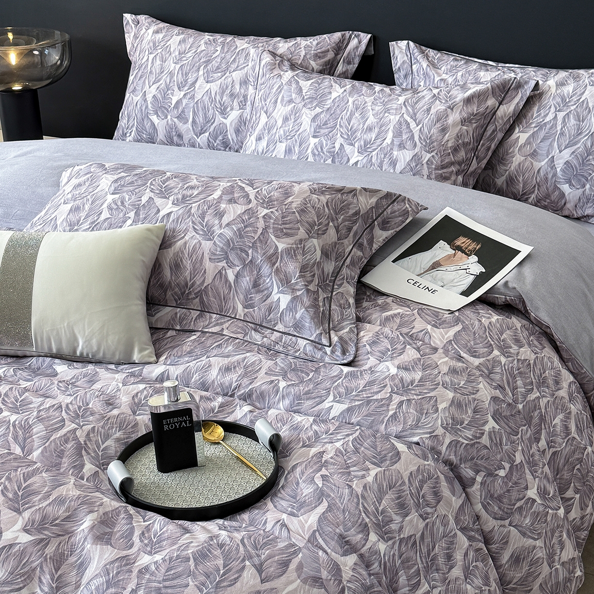 91家纺网 家纺一手货源 找家纺 清雅福2025新款A类全棉磨毛数码印花四件套 如伊·灰