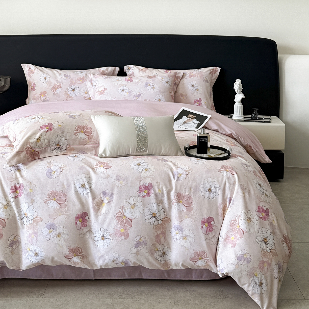 91家纺网 家纺一手货源 找家纺 清雅福2025新款A类全棉磨毛数码印花四件套 双花飘香