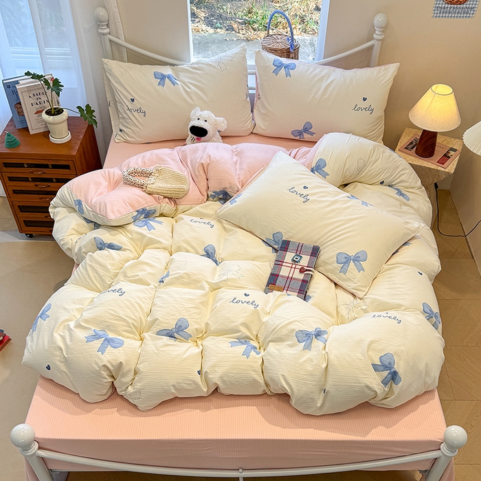 91家纺网 家纺一手货源 找家纺 颜选 2025春夏新款双层纱印花四件套 粉+星语结梦