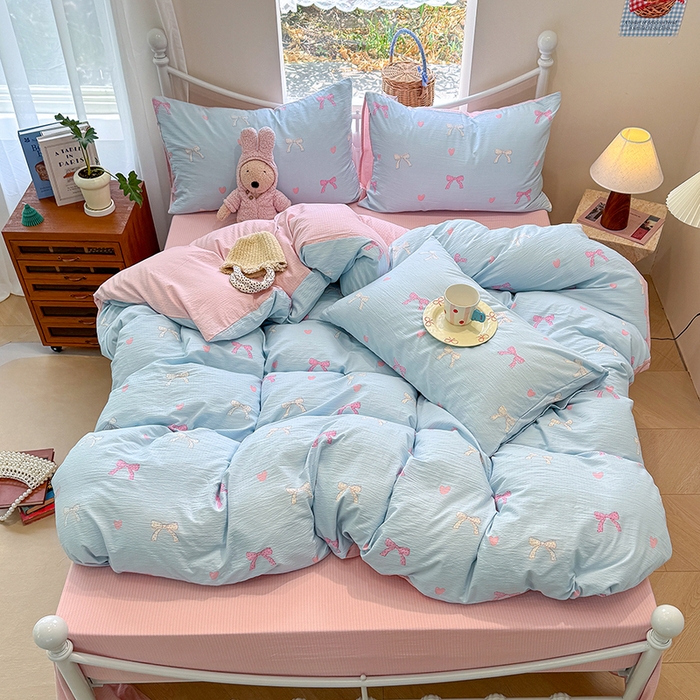 91家纺网 家纺一手货源 找家纺 颜选 2025春夏新款双层纱印花四件套 蝴蝶结