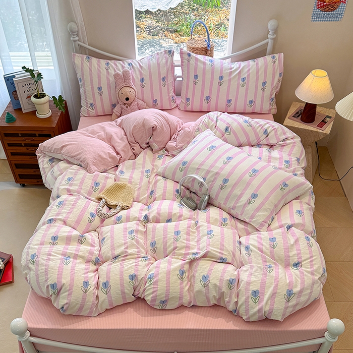 91家纺网 家纺一手货源 找家纺 颜选 2025春夏新款双层纱印花四件套 柔蔓幻蓝