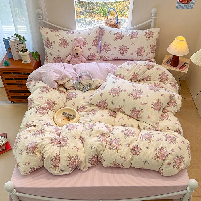 91家纺网 家纺一手货源 找家纺 颜选 2025春夏新款双层纱印花四件套 淡雅花笺