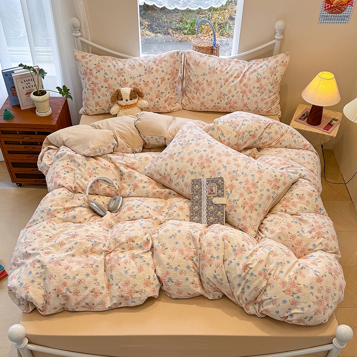 91家纺网 家纺一手货源 找家纺 颜选 2025春夏新款双层纱印花四件套 秋叶