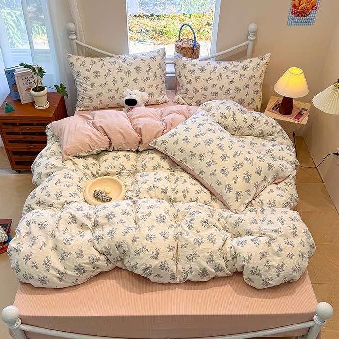 91家纺网 家纺一手货源 找家纺 颜选 2025春夏新款双层纱印花四件套 夏鸣