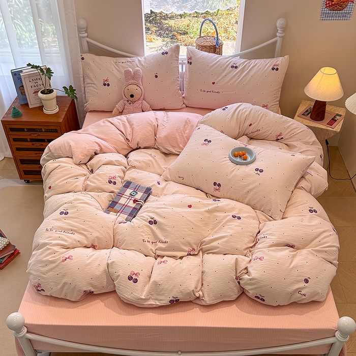 91家纺网 家纺一手货源 找家纺 颜选 2025春夏新款双层纱印花四件套 樱桃