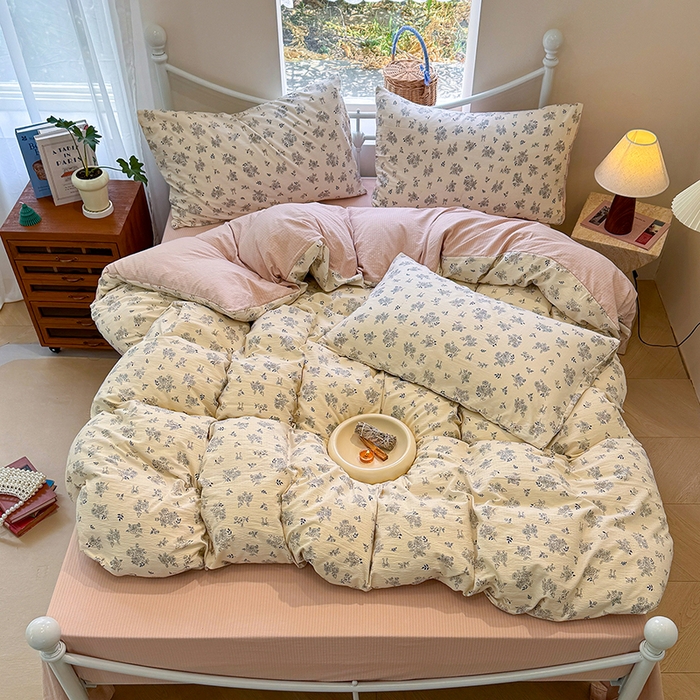 91家纺网 家纺一手货源 找家纺 颜选 2025春夏新款双层纱印花四件套 素笺花语