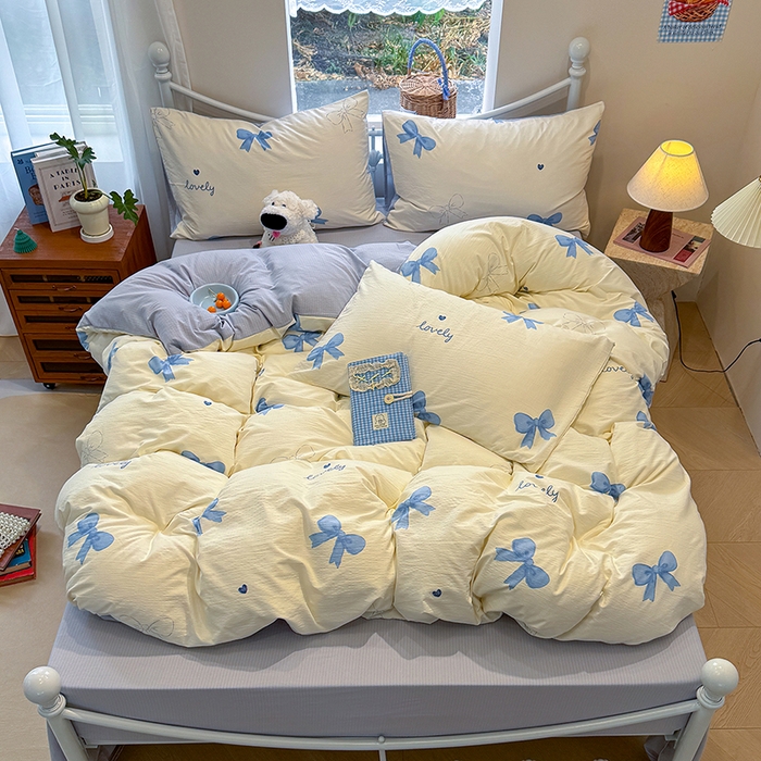 91家纺网 家纺一手货源 找家纺 颜选 2025春夏新款双层纱印花四件套 蓝+星语结梦