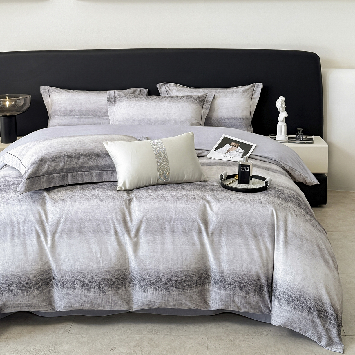 91家纺网 家纺一手货源 找家纺 清雅福2025新款A类全棉磨毛数码印花四件套 苏菲庄园·灰