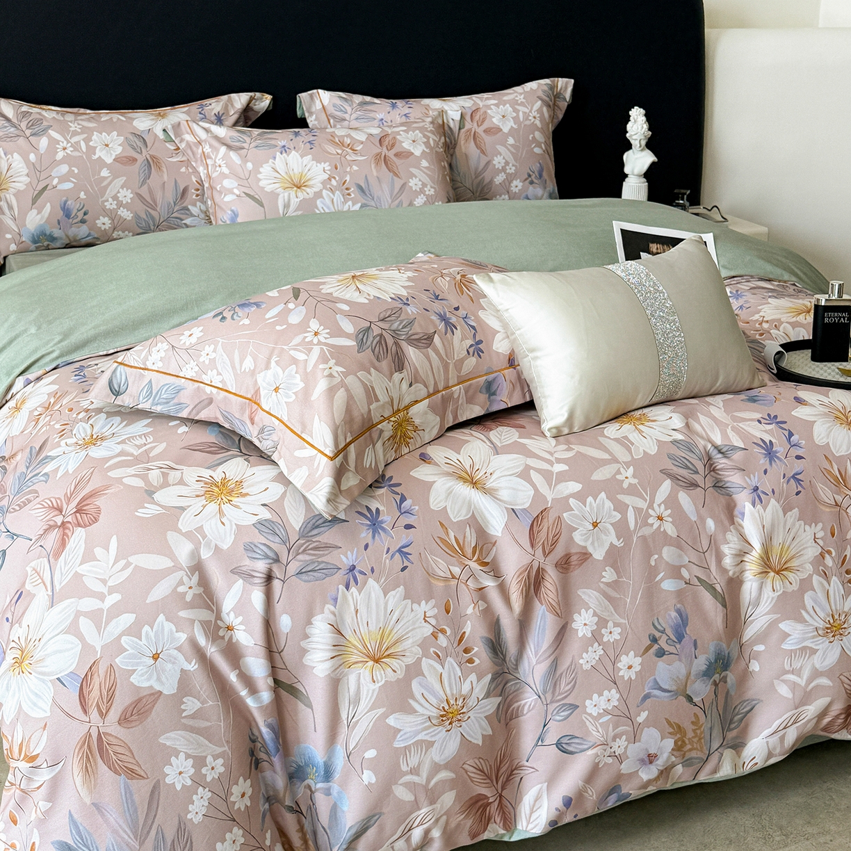 91家纺网 家纺一手货源 找家纺 清雅福2025新款A类全棉磨毛数码印花四件套 亭语花间