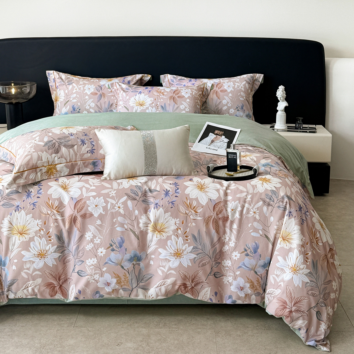 91家纺网 家纺一手货源 找家纺 清雅福2025新款A类全棉磨毛数码印花四件套 亭语花间