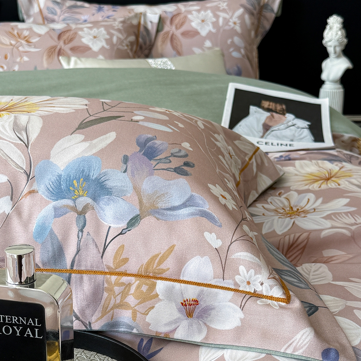 91家纺网 家纺一手货源 找家纺 清雅福2025新款A类全棉磨毛数码印花四件套 亭语花间