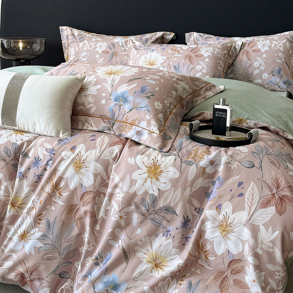 91家纺网 家纺一手货源 找家纺 清雅福2025新款A类全棉磨毛数码印花四件套 亭语花间