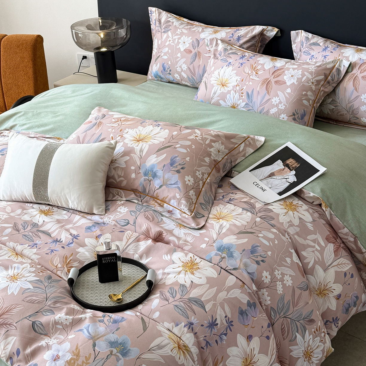 91家纺网 家纺一手货源 找家纺 清雅福2025新款A类全棉磨毛数码印花四件套 亭语花间