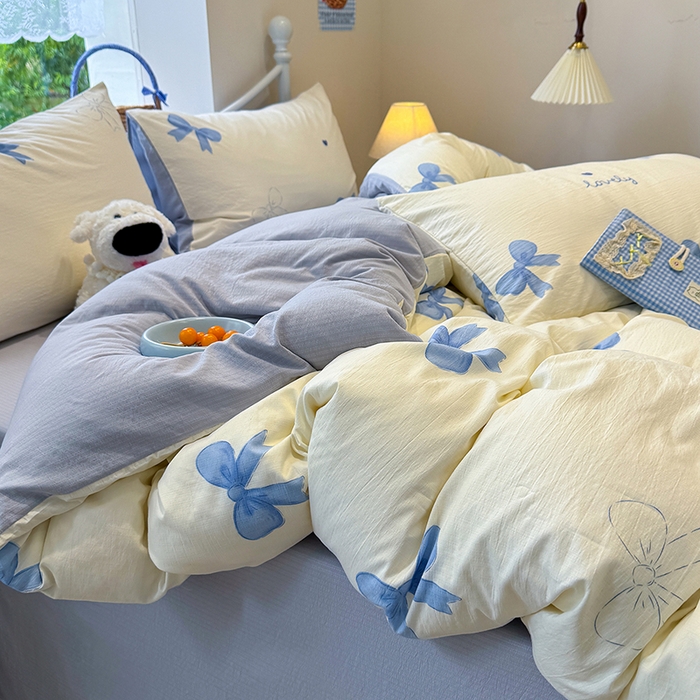 91家纺网 家纺一手货源 找家纺 颜选 2025春夏新款双层纱印花四件套 蓝+星语结梦