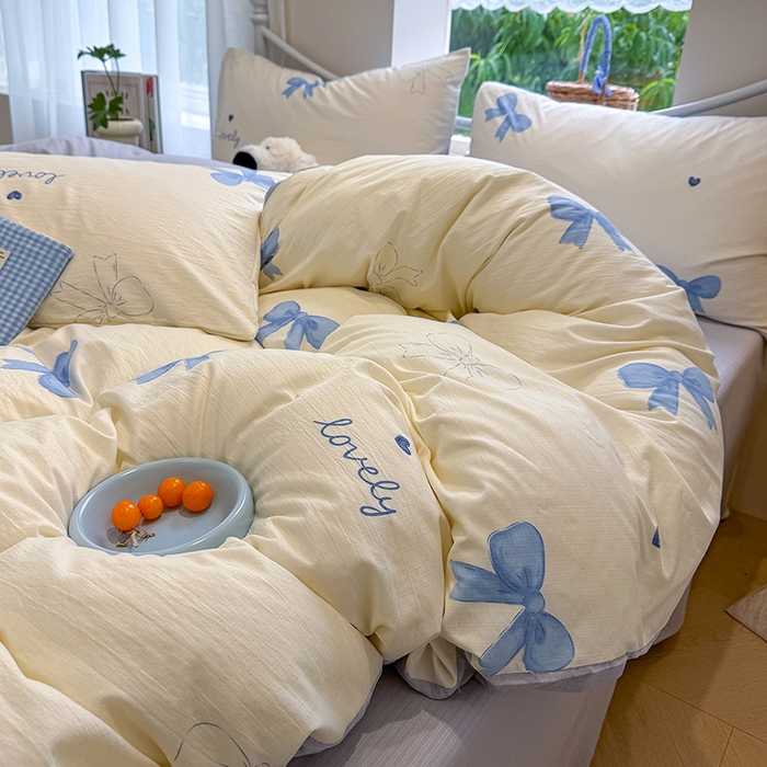 91家纺网 家纺一手货源 找家纺 颜选 2025春夏新款双层纱印花四件套 蓝+星语结梦