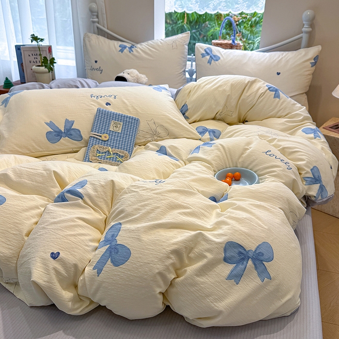 91家纺网 家纺一手货源 找家纺 颜选 2025春夏新款双层纱印花四件套 蓝+星语结梦