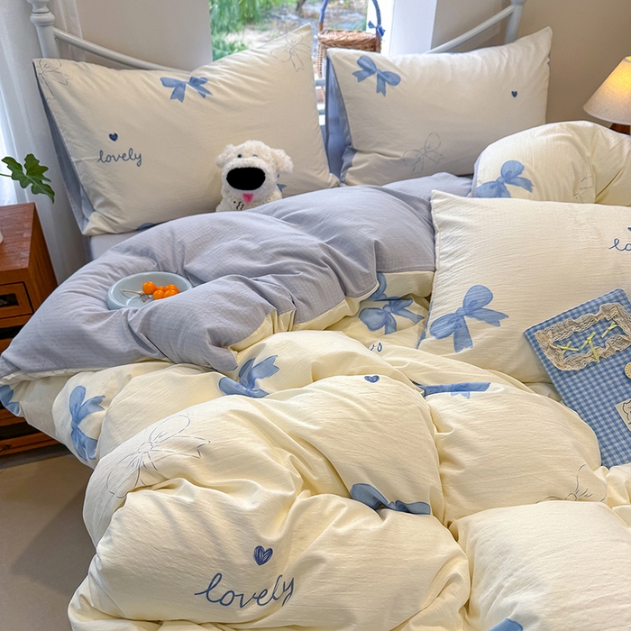 91家纺网 家纺一手货源 找家纺 颜选 2025春夏新款双层纱印花四件套 蓝+星语结梦