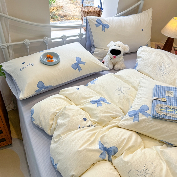 91家纺网 家纺一手货源 找家纺 颜选 2025春夏新款双层纱印花四件套 蓝+星语结梦