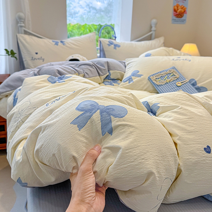 91家纺网 家纺一手货源 找家纺 颜选 2025春夏新款双层纱印花四件套 蓝+星语结梦