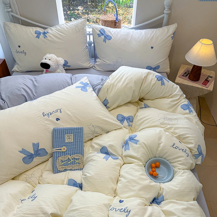 91家纺网 家纺一手货源 找家纺 颜选 2025春夏新款双层纱印花四件套 蓝+星语结梦