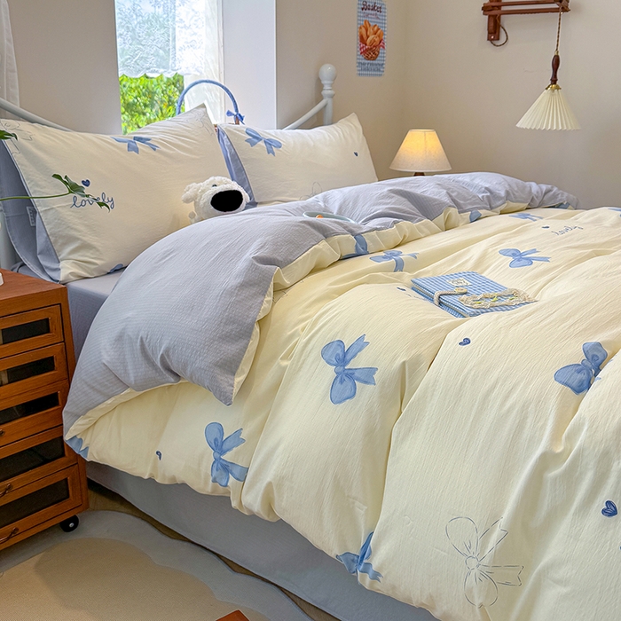 91家纺网 家纺一手货源 找家纺 颜选 2025春夏新款双层纱印花四件套 蓝+星语结梦