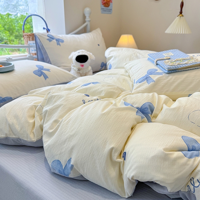 91家纺网 家纺一手货源 找家纺 颜选 2025春夏新款双层纱印花四件套 蓝+星语结梦