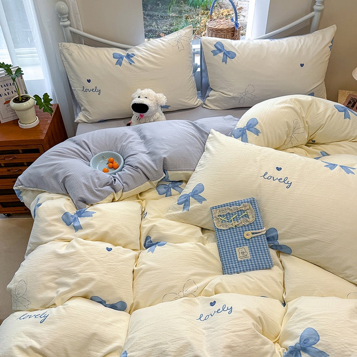 91家纺网 家纺一手货源 找家纺 颜选 2025春夏新款双层纱印花四件套 蓝+星语结梦