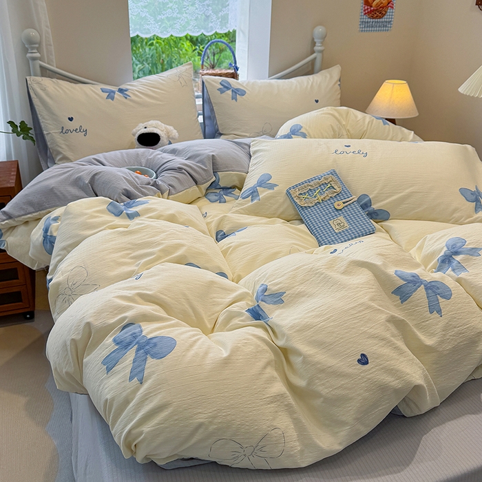 91家纺网 家纺一手货源 找家纺 颜选 2025春夏新款双层纱印花四件套 蓝+星语结梦