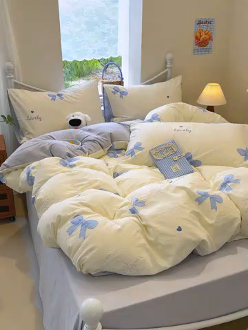 91家纺网 家纺一手货源 找家纺 颜选 2025春夏新款双层纱印花四件套 蓝+星语结梦