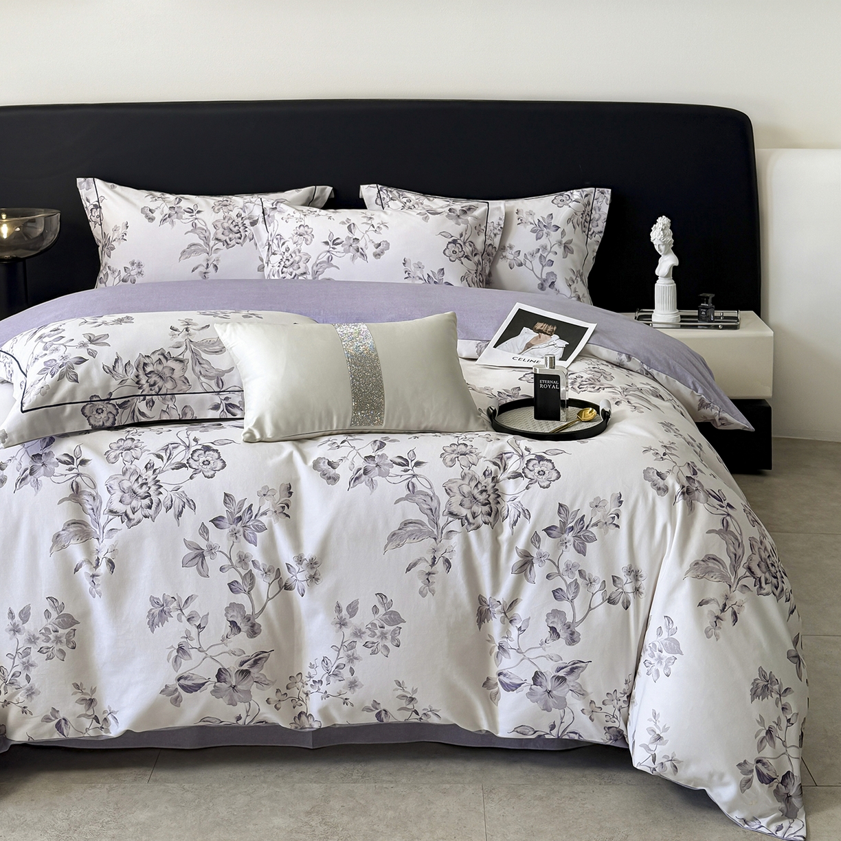 91家纺网 家纺一手货源 找家纺 清雅福2025新款A类全棉磨毛数码印花四件套 薇宁·白